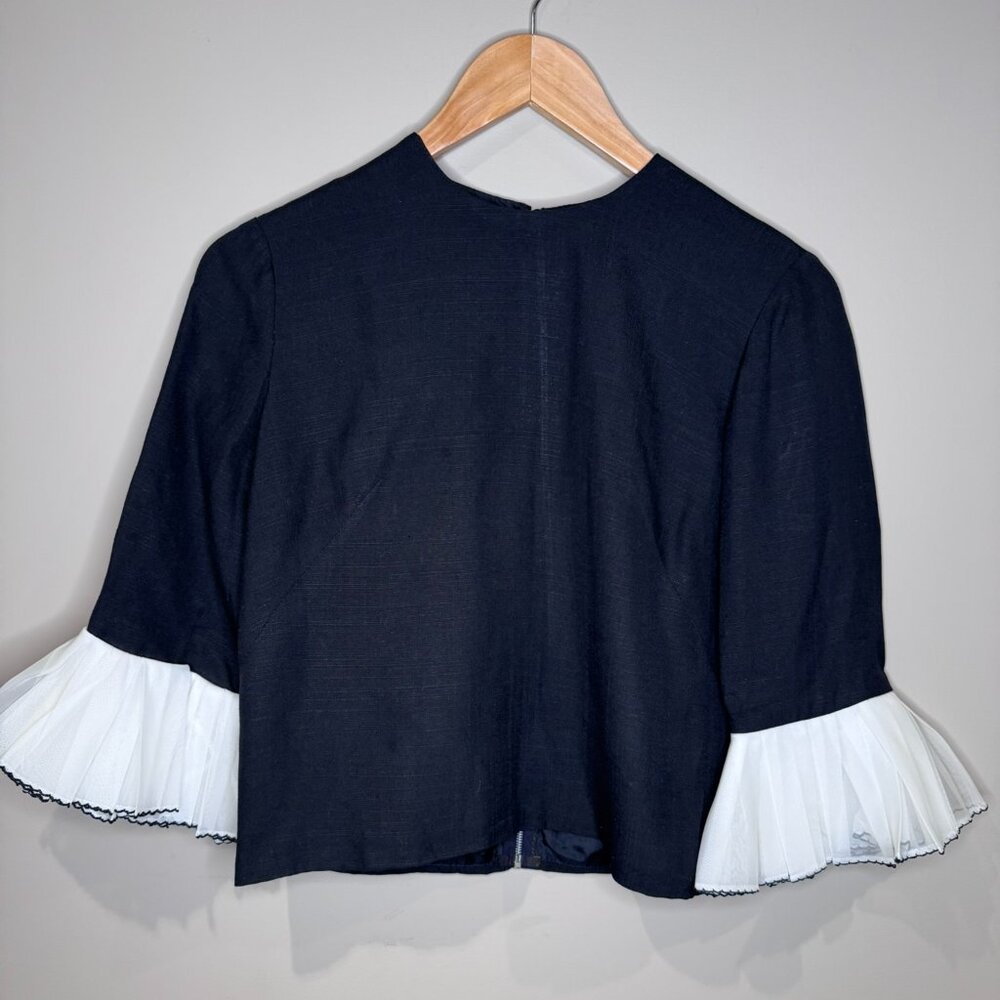 Vintage Pleated Sleeve Blouse Top | Black & White